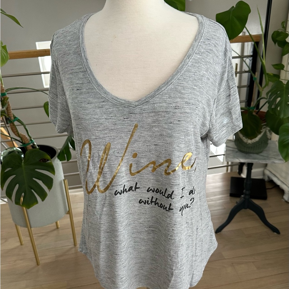 Apt. 9 Gray V-Neck Tee with Gold Script "Wine"